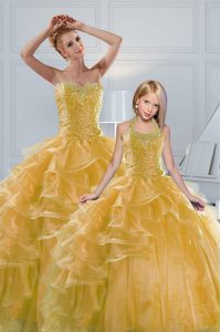 Gold Sleeveless Beading and Ruffled Layers Floor Length Quinceanera Gowns