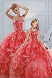 Designer Coral Red Ball Gowns Beading and Ruffled Layers Ball Gown Prom Dress Lace Up Organza Sleeveless Floor Length