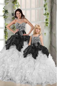 White and Black Ball Gowns Sweetheart Sleeveless Organza Floor Length Lace Up Beading and Ruffles Vestidos de Quinceaner