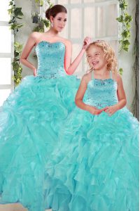 Flirting Turquoise Ball Gowns Sweetheart Sleeveless Organza Floor Length Lace Up Beading and Ruffles Quinceanera Dresses