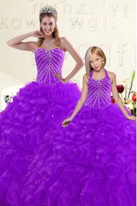 Fashion Purple Sleeveless Organza Lace Up Quince Ball Gowns for Military Ball and Sweet 16 and Quinceanera
