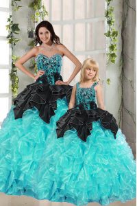 Most Popular Sleeveless Floor Length Beading and Ruffles Lace Up Vestidos de Quinceanera with Turquoise