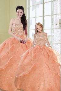 Sleeveless Organza Floor Length Lace Up Ball Gown Prom Dress in Orange with Beading and Sequins