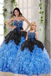 Black and Blue Ball Gowns Beading and Ruffles Quince Ball Gowns Lace Up Organza Sleeveless Floor Length