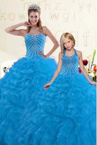 Floor Length Lace Up Quinceanera Gown Blue for Military Ball and Sweet 16 and Quinceanera with Beading and Ruffles