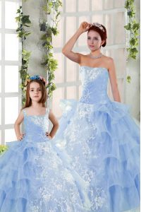 Exceptional Blue Sleeveless Embroidery and Ruffled Layers Floor Length Ball Gown Prom Dress