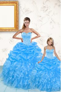 Floor Length Baby Blue Quinceanera Dress Organza Sleeveless Beading and Ruffles and Pick Ups