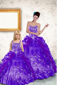 Purple Taffeta Side Zipper Strapless Sleeveless Floor Length Quinceanera Gown Beading and Embroidery and Pick Ups