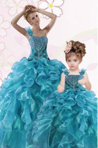 Organza One Shoulder Sleeveless Lace Up Beading and Ruffles Quinceanera Gowns in Teal