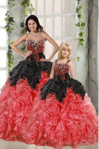 Attractive Red And Black Lace Up Sweetheart Beading and Ruffles Ball Gown Prom Dress Organza Sleeveless