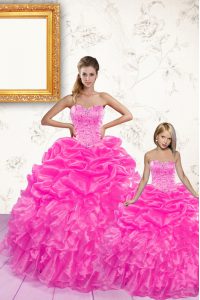 Pick Ups Ball Gowns Quinceanera Dress Hot Pink Sweetheart Organza Sleeveless Floor Length Lace Up