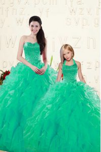 Most Popular Sweetheart Sleeveless Quinceanera Gown Floor Length Beading and Ruffles Turquoise Organza