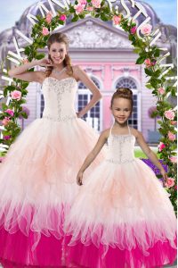 Sleeveless Tulle Floor Length Lace Up Sweet 16 Dresses in Multi-color with Beading