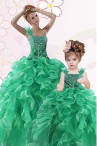 One Shoulder Sleeveless Organza Floor Length Lace Up 15th Birthday Dress in Green with Beading and Ruffles