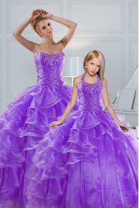 Ruffled Ball Gowns Sweet 16 Dress Lavender Sweetheart Organza Sleeveless Floor Length Lace Up