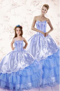 Eye-catching Ruffled Ball Gowns Ball Gown Prom Dress Baby Blue Sweetheart Organza Sleeveless Floor Length Lace Up