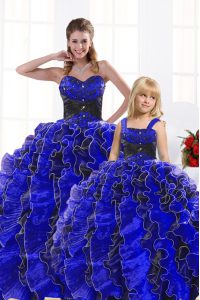 Sumptuous Royal Blue Lace Up Sweetheart Beading and Appliques and Ruffles Sweet 16 Dress Organza Sleeveless
