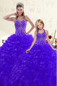 Blue and Purple Ball Gowns Organza Sweetheart Sleeveless Beading and Ruffles Floor Length Lace Up Ball Gown Prom Dress