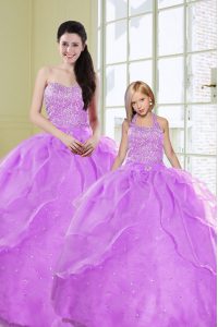 Dramatic Sweetheart Sleeveless Ball Gown Prom Dress Floor Length Beading and Sequins Lilac Organza