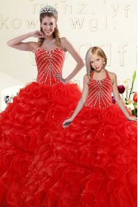 Graceful Sweetheart Sleeveless Lace Up 15th Birthday Dress Red Organza