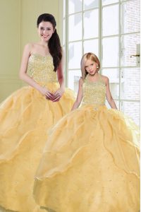Enchanting Gold Ball Gowns Beading and Sequins Sweet 16 Quinceanera Dress Lace Up Organza Sleeveless Floor Length