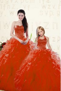 Sweetheart Long Sleeves Lace Up Quinceanera Gown Red Organza