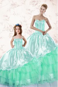 Dynamic Apple Green Organza Lace Up Quinceanera Dress Long Sleeves Floor Length Embroidery and Ruffled Layers