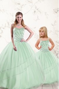 Free and Easy Apple Green Sleeveless Tulle Lace Up Quince Ball Gowns for Military Ball and Sweet 16 and Quinceanera
