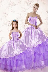Cute Sleeveless Floor Length Embroidery and Ruffled Layers Lace Up Quinceanera Gowns with Lavender