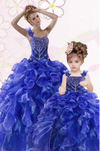 One Shoulder Sleeveless Quinceanera Gowns Floor Length Beading and Ruffles Royal Blue Organza