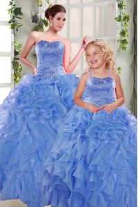 Blue Sweetheart Neckline Beading and Ruffles Ball Gown Prom Dress Sleeveless Lace Up