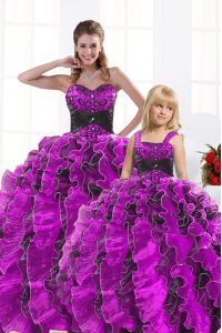 Perfect Fuchsia Quinceanera Dress Military Ball and Sweet 16 and Quinceanera and For with Beading and Appliques and Ruff