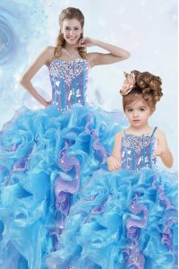 Latest Multi-color Organza Lace Up Sweetheart Sleeveless Floor Length Quinceanera Gowns Beading and Ruffles and Sequins