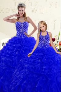 Smart Sleeveless Organza Floor Length Lace Up Quinceanera Gowns in Royal Blue with Beading and Ruffles