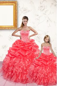 Custom Designed Coral Red Sleeveless Floor Length Beading and Ruffles and Pick Ups Lace Up Sweet 16 Quinceanera Dress