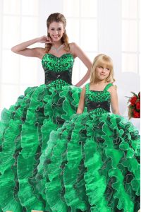 Colorful Green Organza Lace Up Sweetheart Sleeveless Floor Length 15 Quinceanera Dress Beading and Appliques and Ruffles