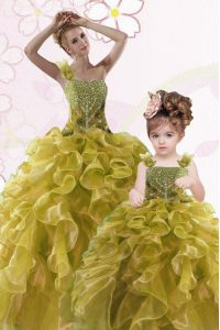 Artistic Beading and Ruffles 15 Quinceanera Dress Olive Green Lace Up Sleeveless Floor Length