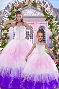 Attractive Multi-color Tulle Lace Up Sweet 16 Dresses Sleeveless Floor Length Beading