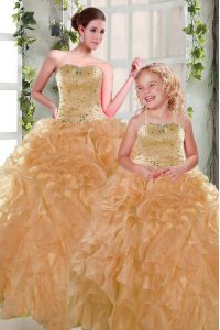 New Arrival Floor Length Orange Quinceanera Dress Strapless Sleeveless Lace Up