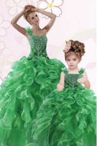 Flare One Shoulder Sleeveless Lace Up Quinceanera Dress Green Organza