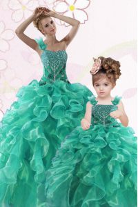 Adorable Turquoise Ball Gowns One Shoulder Sleeveless Organza Floor Length Lace Up Beading and Ruffles Quinceanera Dress