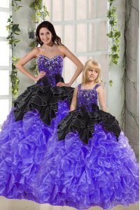 Sleeveless Organza Floor Length Lace Up Vestidos de Quinceanera in Black And Purple with Beading and Ruffles