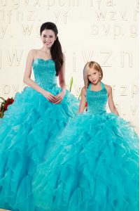 Hot Sale Floor Length Ball Gowns Sleeveless Aqua Blue Quinceanera Gown Lace Up