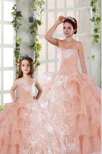 Floor Length Peach Quince Ball Gowns Organza Sleeveless Beading and Ruffled Layers and Ruching