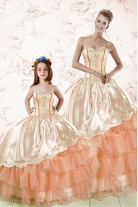 Dramatic Organza Sweetheart Sleeveless Lace Up Embroidery and Ruffled Layers Quince Ball Gowns in Peach