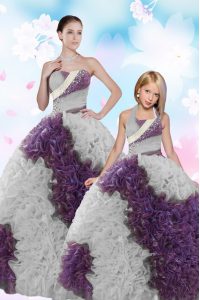 Chic Floor Length White And Purple Sweet 16 Dress Fabric With Rolling Flowers Sleeveless Beading and Sequins
