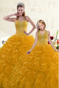 High Class Floor Length Lace Up Sweet 16 Dresses Gold for Military Ball and Sweet 16 and Quinceanera with Beading and Ru
