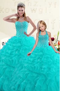 Customized Floor Length Lace Up 15 Quinceanera Dress Aqua Blue for Military Ball and Sweet 16 and Quinceanera with Beadi