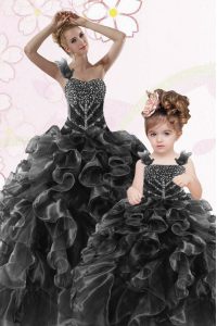 One Shoulder Sleeveless Organza Floor Length Lace Up Quinceanera Gown in Black with Beading and Ruffles