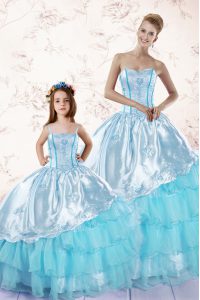 Smart Baby Blue Ball Gowns Organza Sweetheart Sleeveless Embroidery and Ruffled Layers Floor Length Zipper Quinceanera G